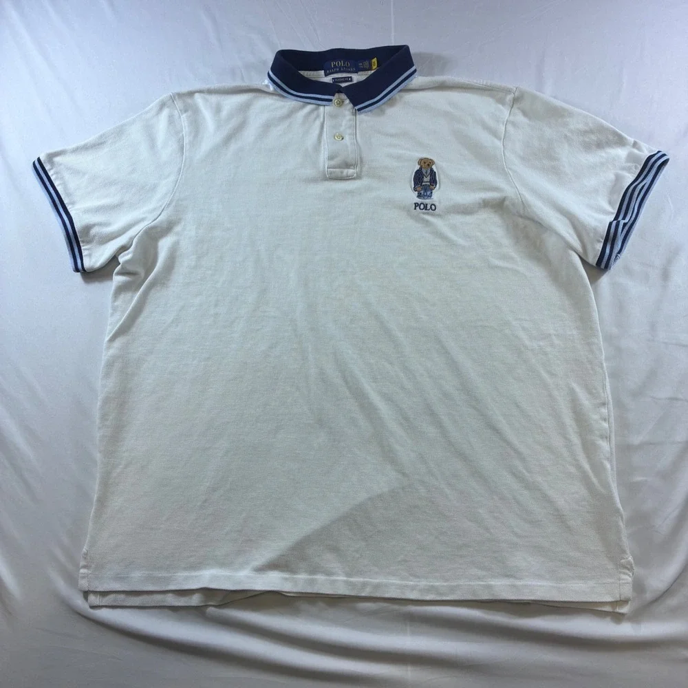 Polo Ralph Lauren Mens XXL White Polo Bear Classic Fit Mesh Shirt Stripe Collar